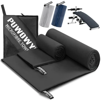 Afbeelding van PUWOWYE Set van 2 microvezel handdoeken, 160 x 80 cm + kleine handdoek 40 cm, sneldrogend, microvezel, voor sport, fitness, sauna, strand, reizen en outdoor