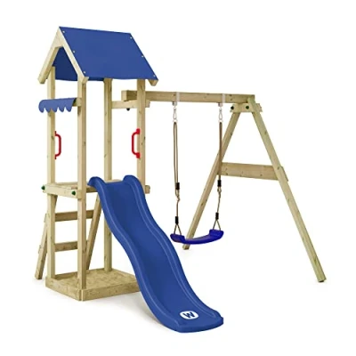 Afbeelding van WICKEY speeltoestel klimtoestel TinyWave met schommel en blauwe glijbaan, outdoor kinderspeeltoestel zandbak, ladder speelaccessoires voor de tuin