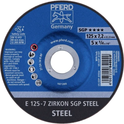 Afbeelding van PFERD 62212737 E 125 7 ZIRKON SGP STEEL Afbraamschijf gebogen Diameter mm Boordiameter 22.23 Staal 10 stuk(s)