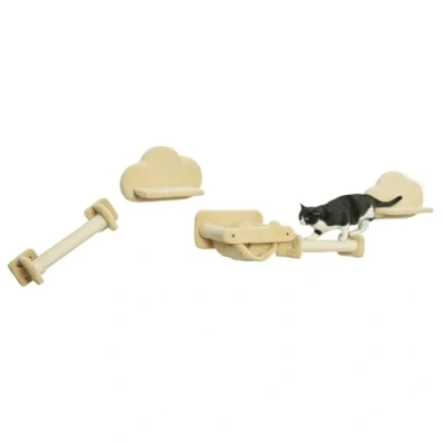 Afbeelding van PawHut Kattenklimwand, 5 delig, kattentrap met 2 krabstammen, platforms, krabpaal pluche overtrek, hangmat, binnen, beige