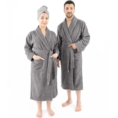 Afbeelding van Hammetex Badjas van 100% katoen, uniseks, voor dames en heren, premium kwaliteit, 400 g/m², zacht absorberend, badstof, met zakken, grijs.
