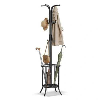 Afbeelding van SONGMICS Kapstok, kledingrek met parapluhouder, 12 haken, metalen structuur, hoogte 175 cm, voor entree, woonkamer, slaapkamer, inktzwart RCR011B01
