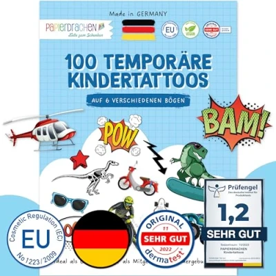 Afbeelding van 100 stuks tatoeages om op te plakken, huidvriendelijke kindertatoeages voor jongens en jongeren, kindvriendelijke designs, verjaardagscadeau of cadeau idee, veganistisch