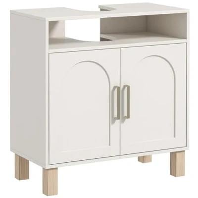 Afbeelding van HOMCOM Badkamermeubel onder wastafel, open plank, kast met 2 magnetische deuren verstelbare 60 x 30 63 cm, wit