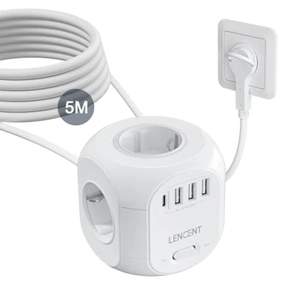 Afbeelding van LENCENT 5 m Cube verlengkabel platte stekker, 8 in 1 elektrische stekkerdoos met 4 Europese stopcontacten, 3 USB en Type C voor keuken, kantoor, gevlochten kabel