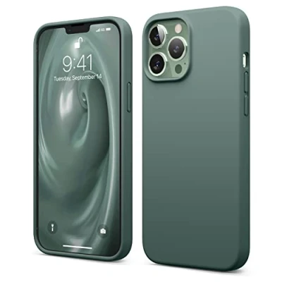 Afbeelding van elago Liquid siliconen hoesje, compatibel met iPhone 13 Pro Max, 6,7 inch, premium rondom bescherming: 3 laagse structuur, zachte en krasbestendige microvezelcoating (nachtgroen)