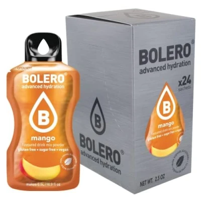 Afbeelding van Mango Bolero 24 x 3 g, sappoeder zonder suiker, gezoet met stevia + vitamine C, voor kinderen en sporters, glutenvrij, veganistisch, mangosmaak