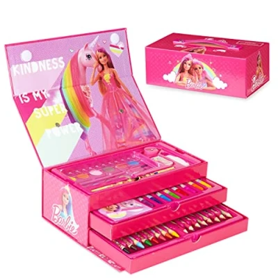 Afbeelding van Barbie Schilderkoffer voor kinderen, tekenen, kleurpotloden, kleurstiften, meisjes