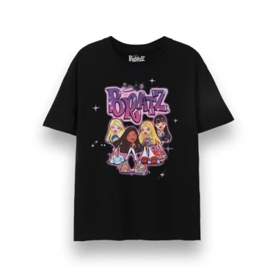 Afbeelding van Bratz Dames T shirt airbrushed grafisch met korte mouwen in zwart Y2K klassieke airbrush stijl artwork Sasha Jade Cloe Yasmin kledingtop Nostalgische popkarakter merchandise