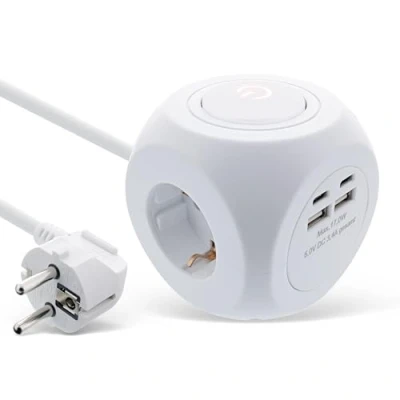 Afbeelding van InLine 16499A Cube 7 in 1 stekkerdoos met USB, 3 geaarde contacten, 2 USB C poorten, A schakelaar, m kabel, stekkerdoos, tafelstopcontact, 3680 W, wit