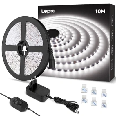 Afbeelding van Lepro ledstrip, 10 m, koudwit, 6000 K, dimbaar, 600 leds, 2835 wit, zelfklevend, superheldere led lichtstrip met voeding, lichtketting voor binnen en keuken