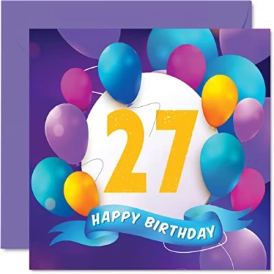 Afbeelding van verjaardagskaart voor de 27e verjaardag mannen en vrouwen, ballonparty, verjaardag, vrouw, broer, zus, zoon, dochter, tante, oom, vriend, neef, 145 mm x