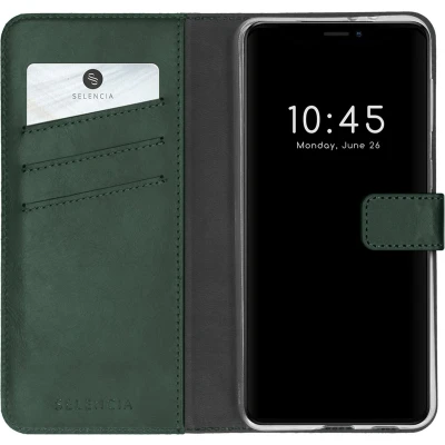 Afbeelding van Selencia Hoesje Geschikt voor iPhone 13 Met Pasjeshouder Echt Lederen Bookcase Groen