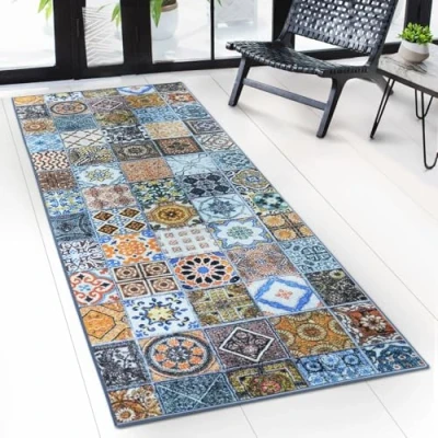 Afbeelding van Loper met patroon Op maat gemaakt Voor keuken, hal en woonkamer Vintage ornament Oosters rooster (80 x 450 cm, Bonita)