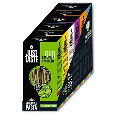 Afbeelding van JUST TASTE kleurrijke pastavariëteit De nieuwe biologische plantaardige pasta 6 verpakkingen à 250 g (2 x edame, 1 kikkererwten, zwarte bonen, paarse zoete aardappel,