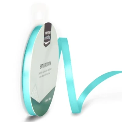 Afbeelding van Vaessen Creative Satijnen lint, blauw, 100 m x 6 mm, bolduc, aqua, naaiband, voor cadeau, verpakking, bruiloftsboeket, haar en ballon