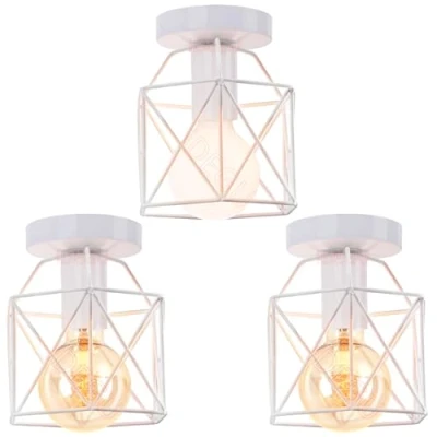 Afbeelding van iDEGU Set van 3 industriële plafondlampen, E27, lampenkap, ijzer, vintage, hanglamp, kooi, wit, Ø 15 cm, plafondverlichting voor woonkamer, slaapkamer, keuken (3 stuks)