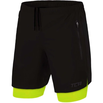 Afbeelding van TCA Mannen Ultra 2 in 1 Hardloop Gym Shorts met Ritszakje Zwart/Groen (2x Ritszakken), L