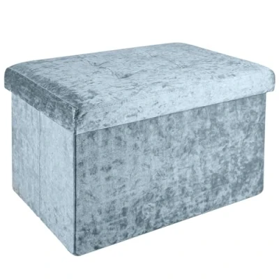 Afbeelding van Intirilife Opvouwbare bank 49x30x30 cm in fluweel blauw grijs Zitkubus met opbergruimte en deksel fluwelen hoes voetensteun opbergbox kist zitkruk