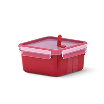 Afbeelding van Emsa Magnetrondoos Clip &amp; Micro N10604 magnetronventiel 1,3 l vierkant lunchbox geïntegreerde maatverdeling Made in Germany rood/transparant