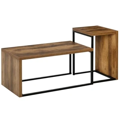 Afbeelding van HOMCOM Set van 2 uittrekbare salontafels, industrieel design, inbouw afm. Grote tafel 90 l x 48 b 42 h cm, metaal, zwart, oude houtlook, stuks