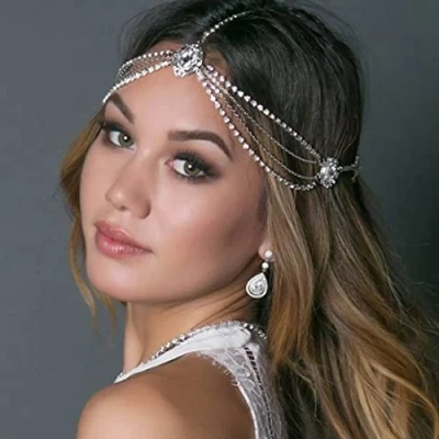 Afbeelding van Prosy Zilveren kristallen bruidshoofdketting met strass steentjes voor bruid en bruidsmeisjes