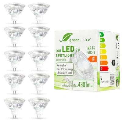 Afbeelding van 10x greenandco®, LED spot, MR16, GU5.3, 5W, vervangt 40W, 430lm, 3000K, warmwit, COB LED, 38, 12V, AC/DC, niet dimbaar