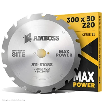 Afbeelding van AMBOSS HM zaagblad, nagelbestendig, diameter: 300 mm x 3,2 30 mm, voor extreem gebruik op bouwplaatsen, trapeziumvormige tanden (20 tanden), gecombineerde gaten