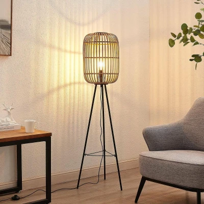 Afbeelding van Lindby vloerlamp hout 1licht Hout, metaal H: 139 cm E27 naturel, zwart