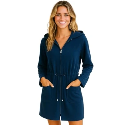 Afbeelding van Morgenstern Emily Badjas voor dames van lichte en korte badstof met ritssluiting, Donkerblauw