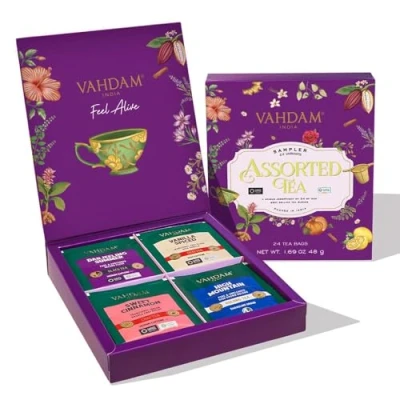 Image de VAHDAM, Échantillonneur de sachets Thé assortis 25 saveurs Ensemble variétés Tisane, vert, chai, noir dans un Coffret cadeau assorti