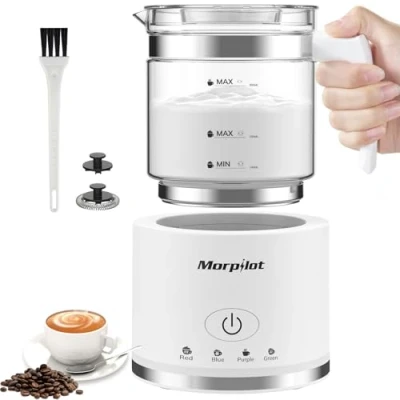Afbeelding van Morpilot Elektrische melkopschuimer, 500 ml, 600 W, 4 in 1, voor warm en koud, vaatwasmachinebestendig, visueel glas, latte design, zwart