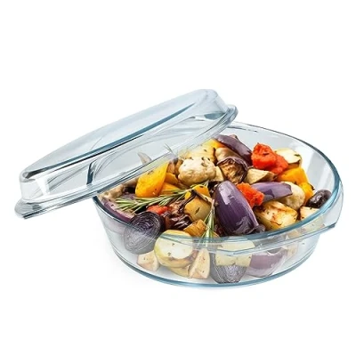 Afbeelding van KADAX Ovenschaal van glas, hittebestendig, vuurvaste container met deksel en handgrepen, servies voor braden, oven, elektrisch fornuis, lasagne, vlees, transparant (rond, 2,8 l)
