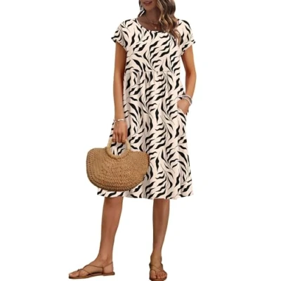 Afbeelding van AUSELILY Casual zomerjurk met korte mouwen en ronde hals zakken voor dames, Abrikoos blad/zwart, XL
