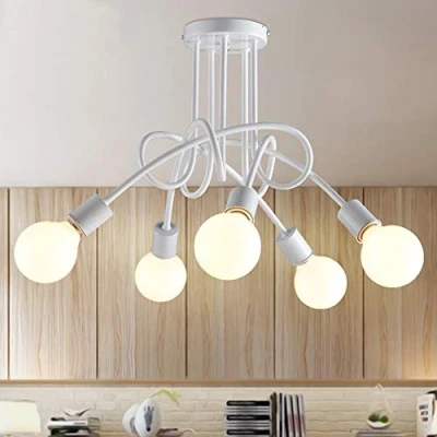 Afbeelding van iDEGU Industriële retro metalen kroonluchter, lampenkap, E27, moderne lamp, hanglamp voor woonkamer slaapkamer eetkamer (wit, 5 lampen) zonder lampen