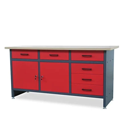 Afbeelding van Werkbank garage met werkblad, 6 laden, 2 vakken, afsluitbaar, verstelbare poten, metaal, draagvermogen tot 500 kg, 170 cm x 60 85 (antraciet rood)
