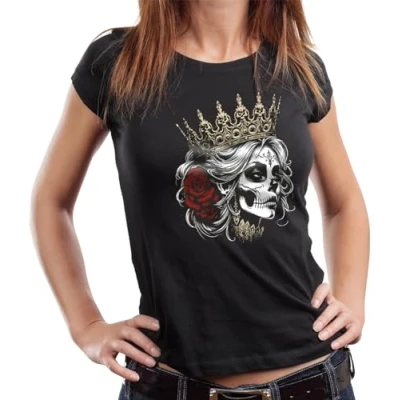 Afbeelding van Gasoline Bandit Biker T shirt voor dames: Good Vibrations, Queen schedel