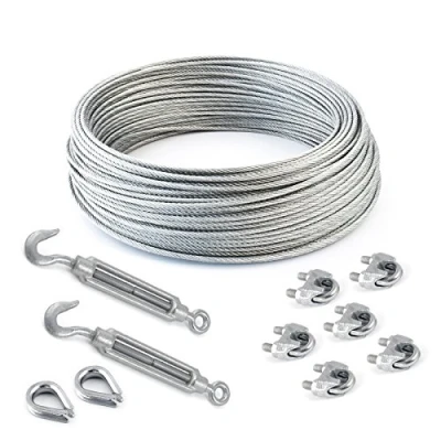 Afbeelding van 5 m staalkabel 8 mm 6 x 19 + FC kabelklemmen DIN 741 2 haken M8 ogen staalkabels verzinkt bosbouwkabel spantang