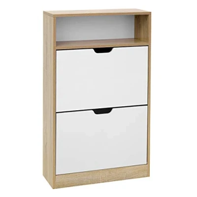 Afbeelding van VASAGLE schoenenkast met 2 kleppen, schoenenrek extra vak, schoenopberging, schoenopzetter, easy care melamine coating, 60 x 24 102 cm, naturel wit LBC04NW