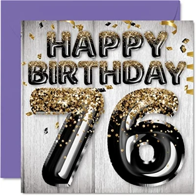 Afbeelding van Stuff4 Verjaardagskaart 76e verjaardag mannen Zwarte en gouden ballonnen Verjaardagskaarten voor 76 jaar, papa, opa, oma, 145 mm x