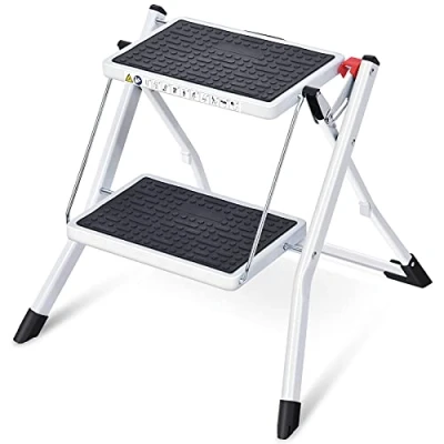 Afbeelding van Kingrack Trappadder, Dubbelzijdige opvouwbare stapkruk, 2 stappen draagbare ladder met handvat, groot platform, slanke huishoudelijke trapladder Milti fuction WKUK2031