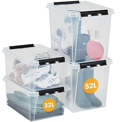 Afbeelding van SmartStore Set van 3 opbergdozen 32 liter en 2 x 52 liter, versterkt, transparant, geschikt voor levensmiddelen, afsluitbaar, stapelbaar in elkaar te steken, BPA vrij, 50 39 41 cm