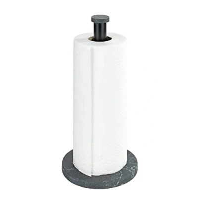 Afbeelding van Wenko Rolhouder voor keukenpapier, marmer, staande standaard met elegante marmerlook de keuken, kunststof bodem en zwarte metalen staaf, (b x d h): Ø 15 32 cm, zwart