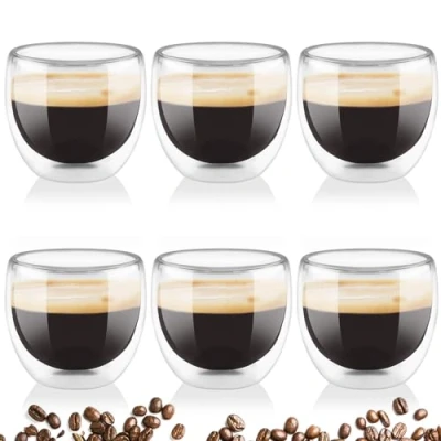 Afbeelding van Mezzar 6 x 80 ml transparante espressokopjes Thermische glazen voor latte, thee, matcha, cappuccino, melk, bie, dubbelwandig