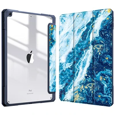 Afbeelding van Fintie Hoes voor iPad 10.2 inch 9e Generatie 2021/8e Gen 2020 /7e 2019 [Ingebouwde Penhouder] Schokbestendige Cover met Transparant Harde Schaal Terug Beschermhoes (Z Zee Blauw)