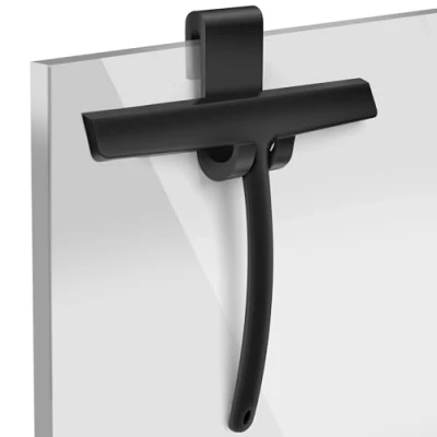Afbeelding van Zwarte douchewisser met roestvrijstalen kern, hangplank, siliconen douchewaterwisser voor douche, badkamer, spiegel, glas,