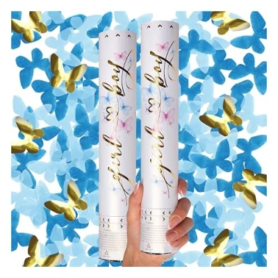 Afbeelding van Canon confetti voor genderonthulling, 2 stuks, confettikanonnen in de vorm van een blauwe vlinder, confettikanon, werper, confettibom, confettiwerper
