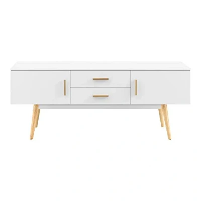Afbeelding van tv meubel, design, standaard, bank, met 2 deuren en laden, spaanplaat, melamine, houten poten, 140 x 40 56 cm, wit