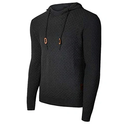 Afbeelding van Genfien Casual trui met capuchon voor heren, grof gebreide lange mouwen, jacquard, geruit, schoorsteenkraag, zwart.