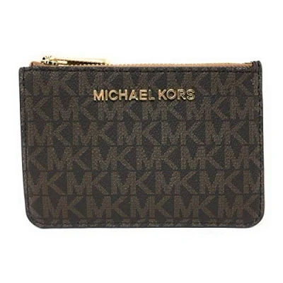 Afbeelding van Michael Kors Jet Set Travel klein zakje met ritssluiting en ID kaarthouder PVC gecoat keperstof, Bruin kwastje, Keperbinding